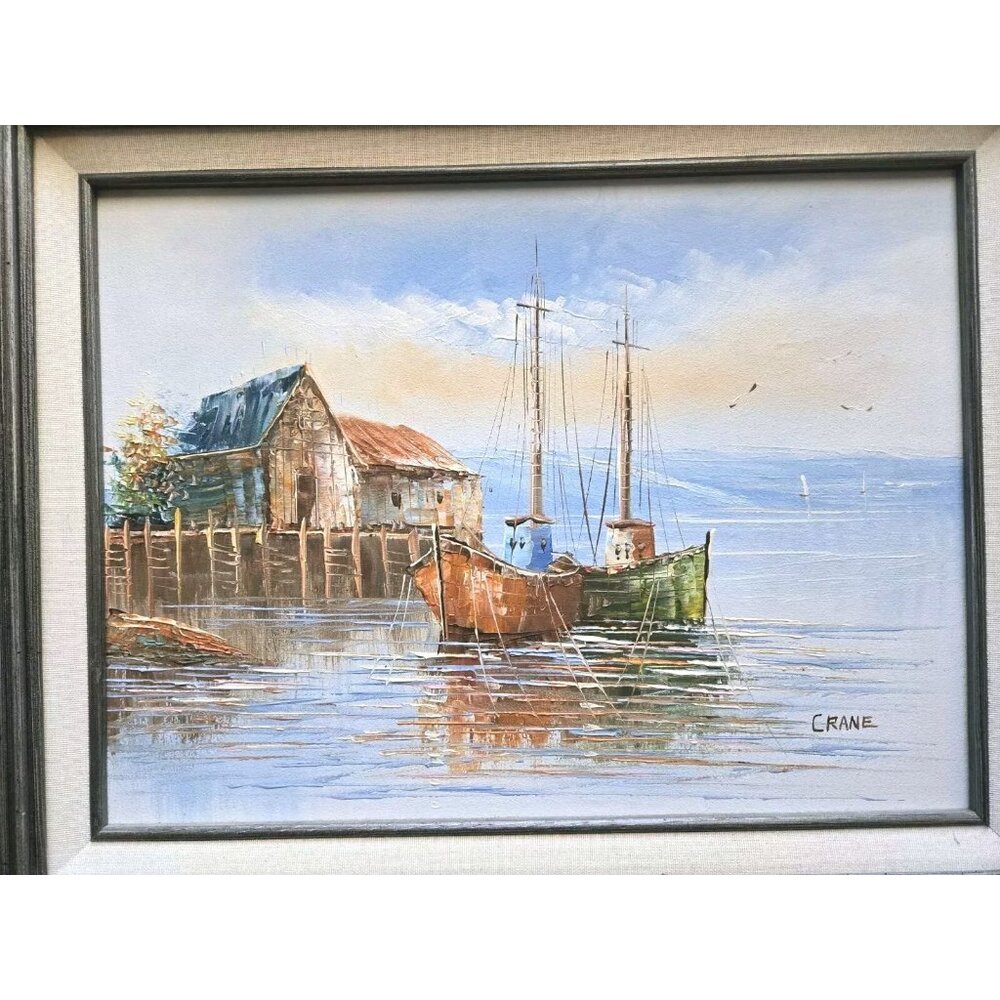 VTG CRANE "Moored Fishing Boats" Original Oil Painting-Signed/Framed Beautifully